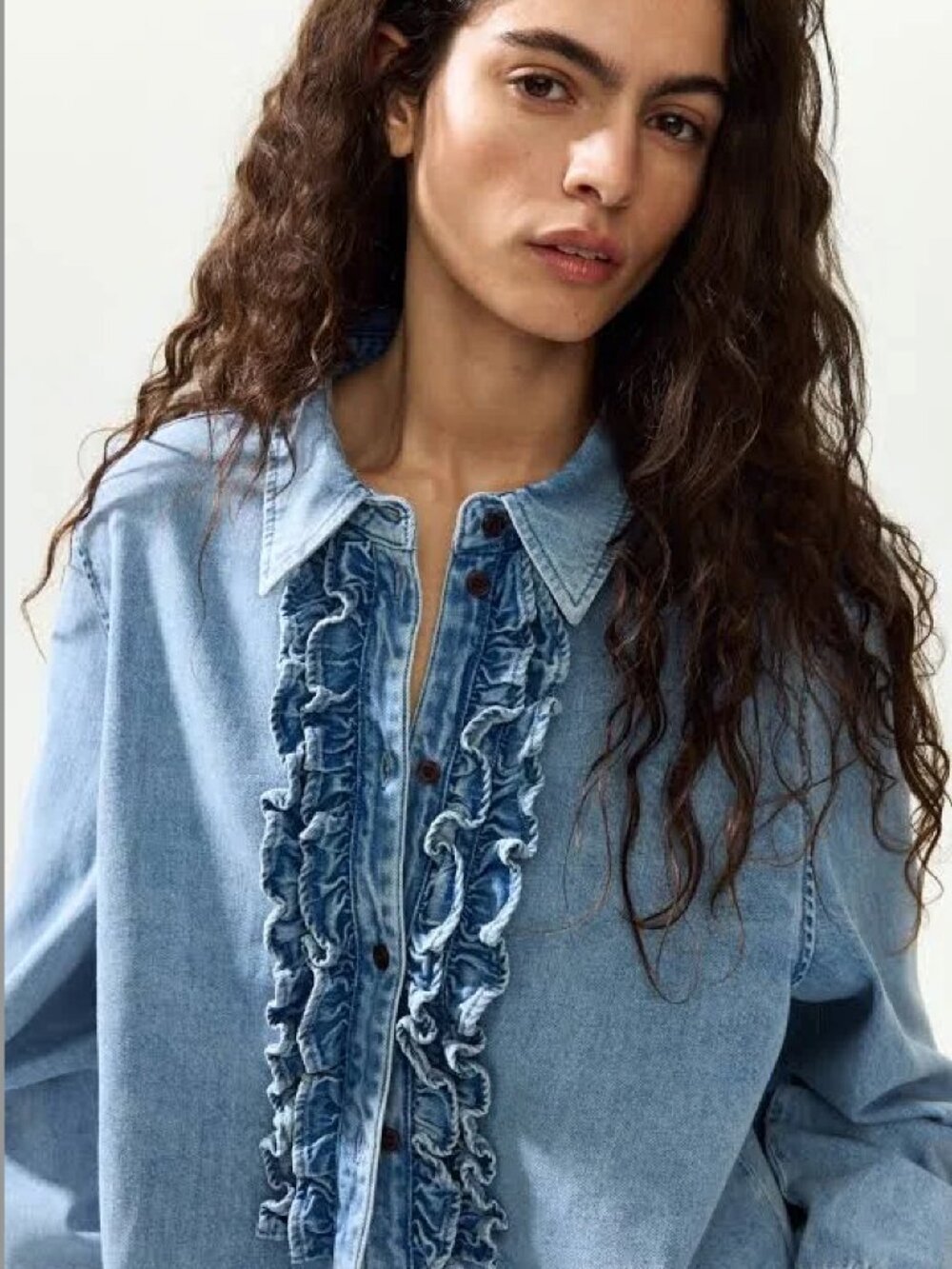 Ruffle-Trimmed Denim Shirt H&M